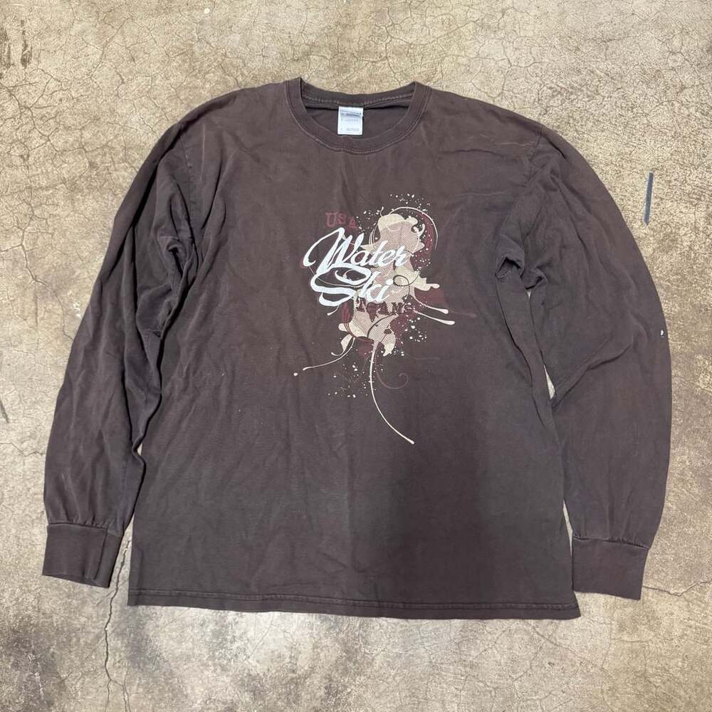 Gildan Ultra Cotton USA Water Ski Long Sleeve Brown T-Shirt